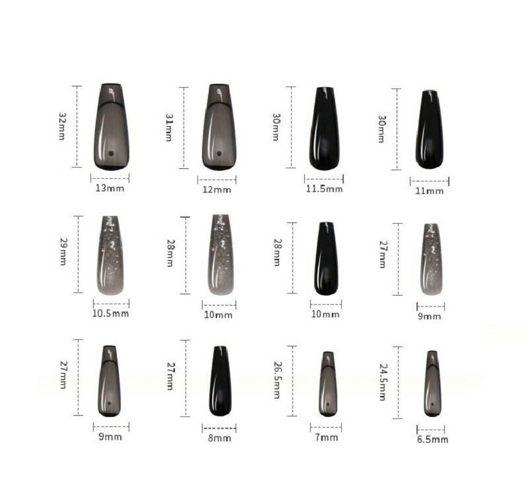 24 Long Jelly Black Clear press on nails kit with glue monochrome gray