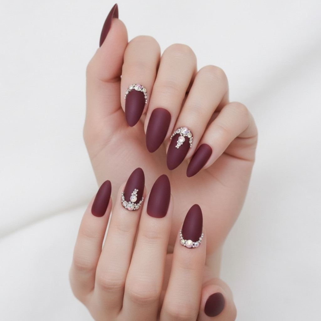 Diamond Red Burgundy 3D Crystal Design Matte Stiletto Long Press On Nails Set