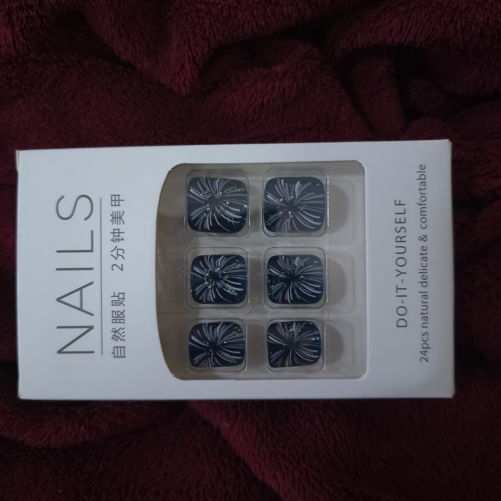 24pc Fireworks Press On Toenails Dark Blue Glitter Fake Nails Full Cover False