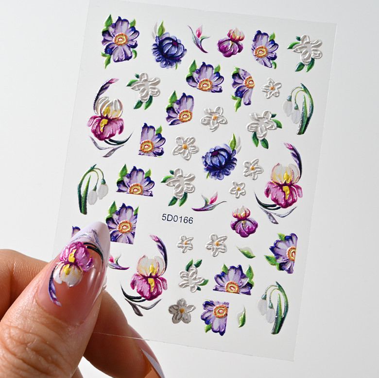 5D Embossed White Tulip Camellia Flower Leaf Nail Stickers Manicure Slider NS53