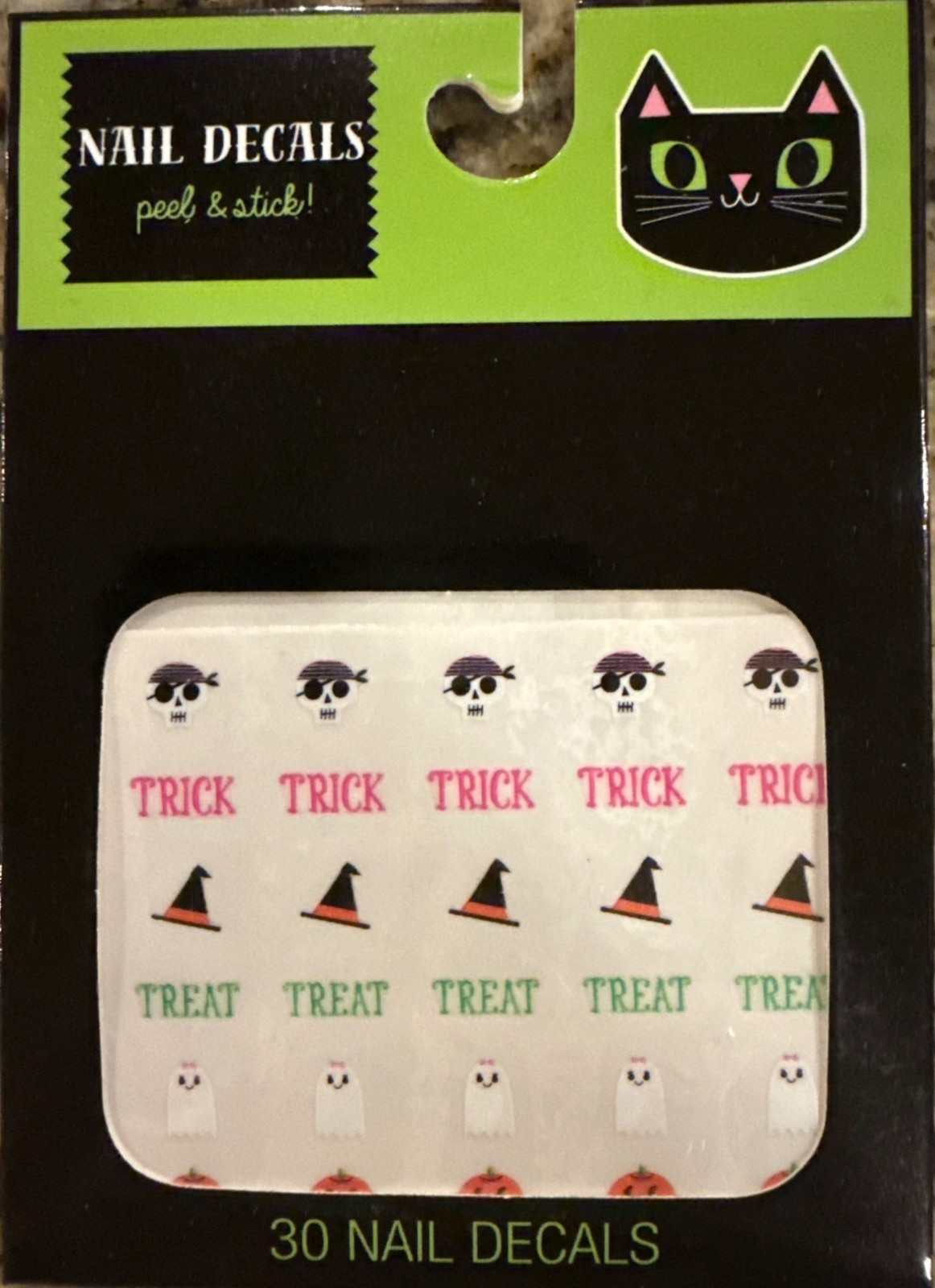 NAIL DECALS 30 Sticker WITCH+TRICK+TREAT+GHOST+SKULL Green+Pink+Black+ HALLOWEEN