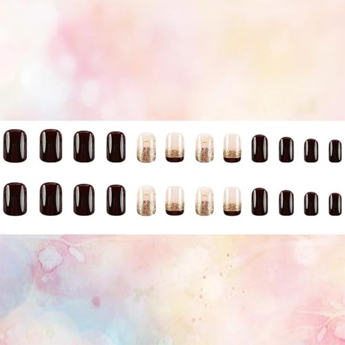 Press on Nails Short Length False Nails with Gold Foil Design Brown French