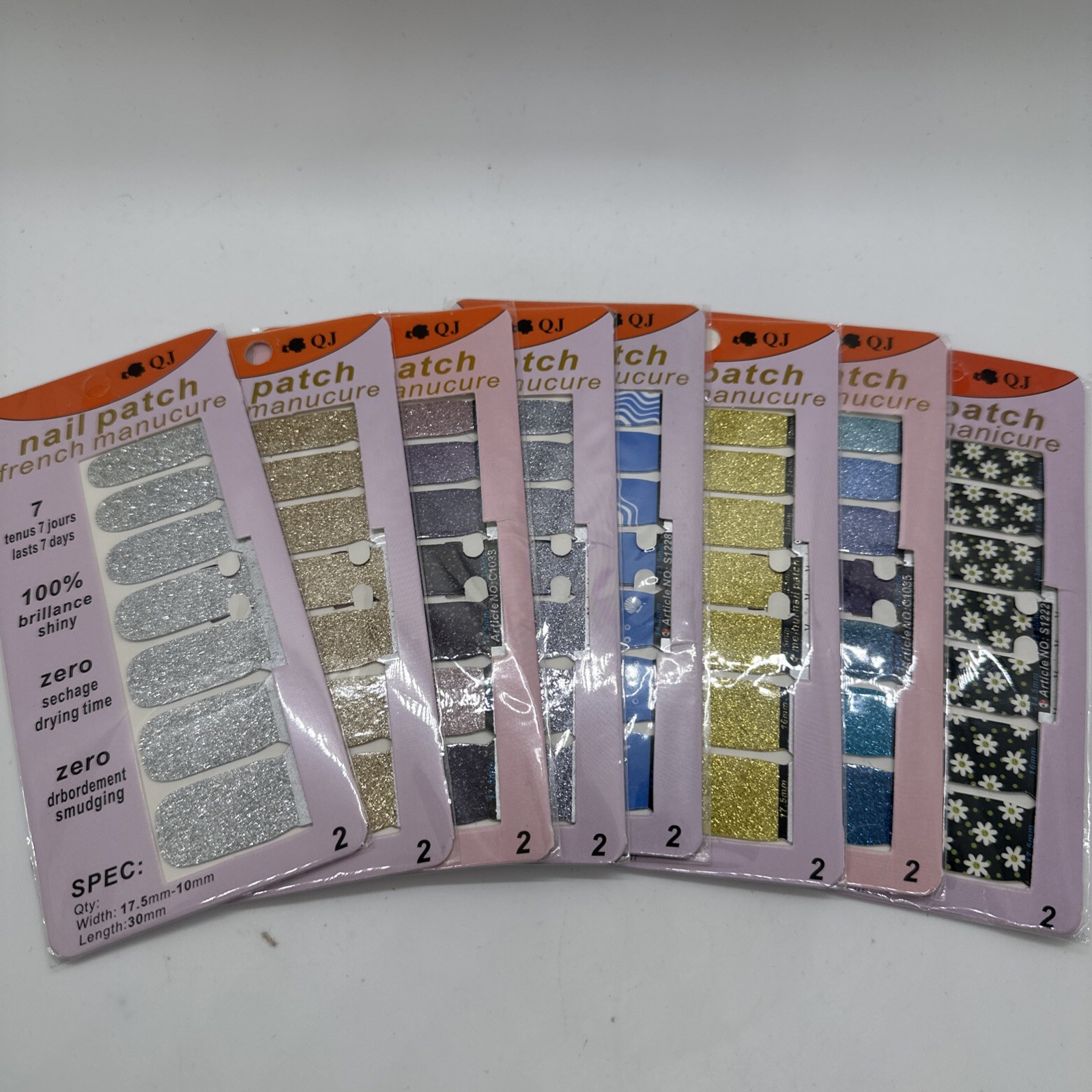 Lot Of 8 QJ Nail Patch Wrap Packs Nail Art Multicolor Glitters New 8×16 Strips