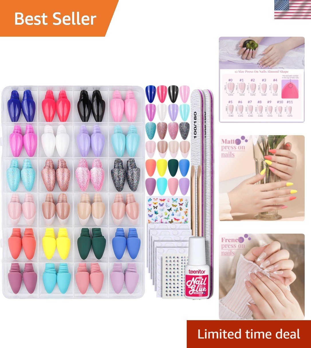 Elegant Press-On Almond Nails Kit: Matte, Glossy & Glitter for Effortless Style