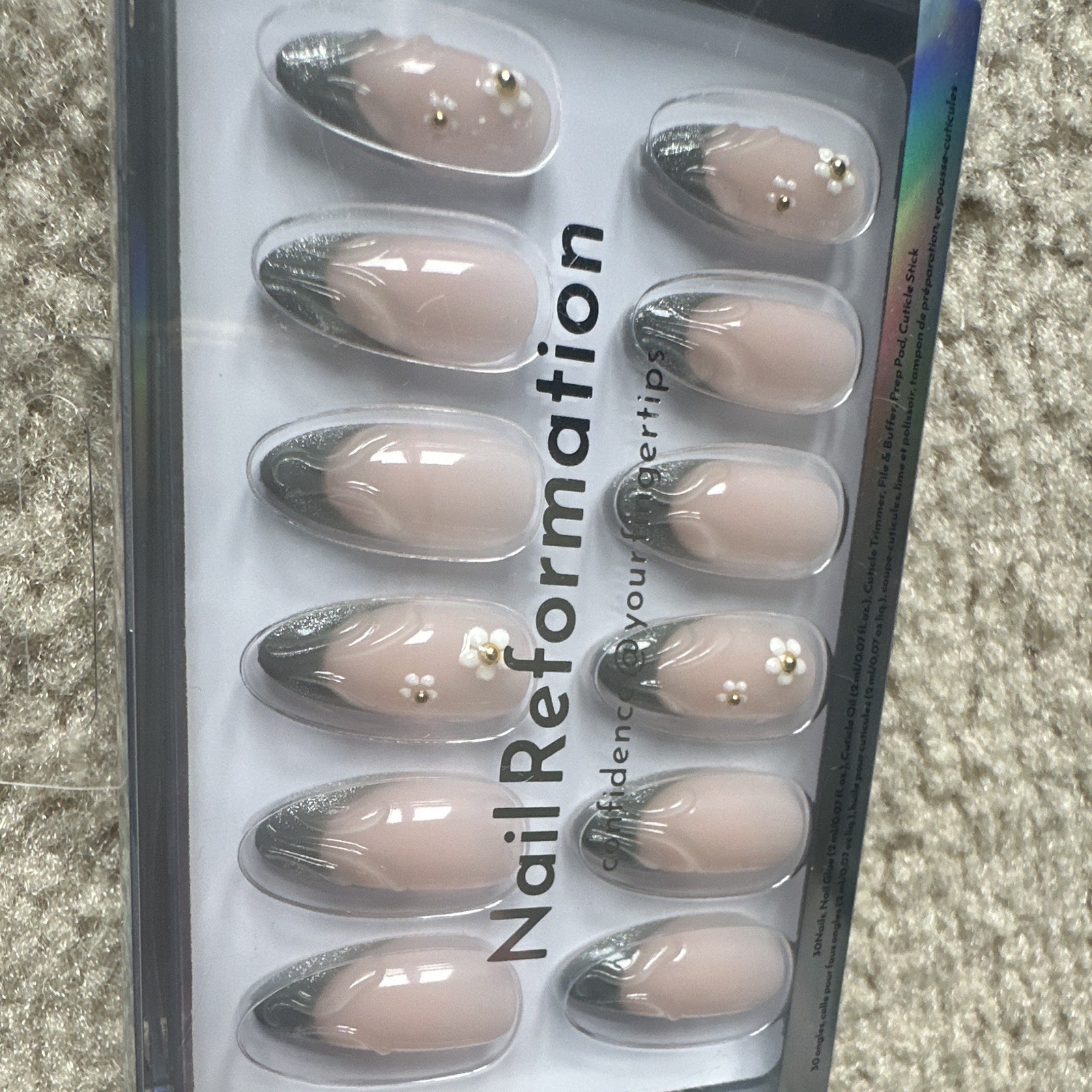 Nail Reformation Nude Silver French Almond Press-On Nails, Pearls Long