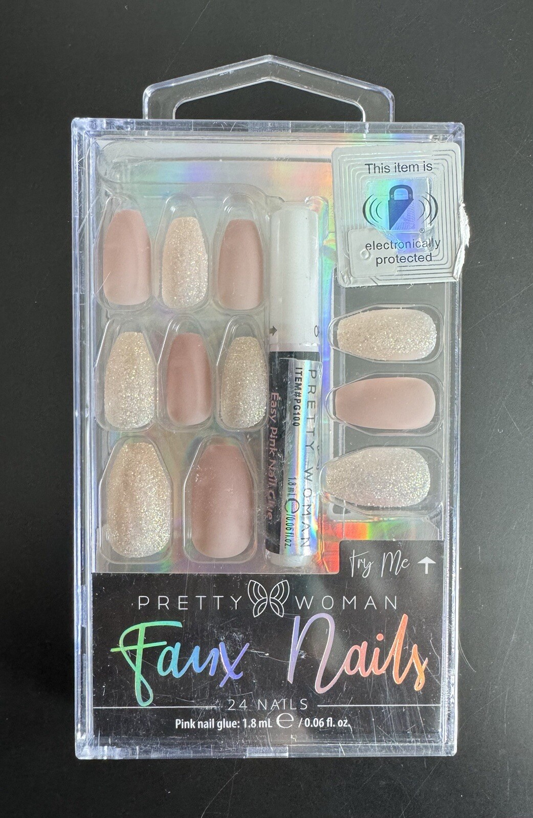 PRETTY WOMAN FAUX NAILS WITH GLUE 24 NAILS MATTE NEUTRAL AND GLITTER
