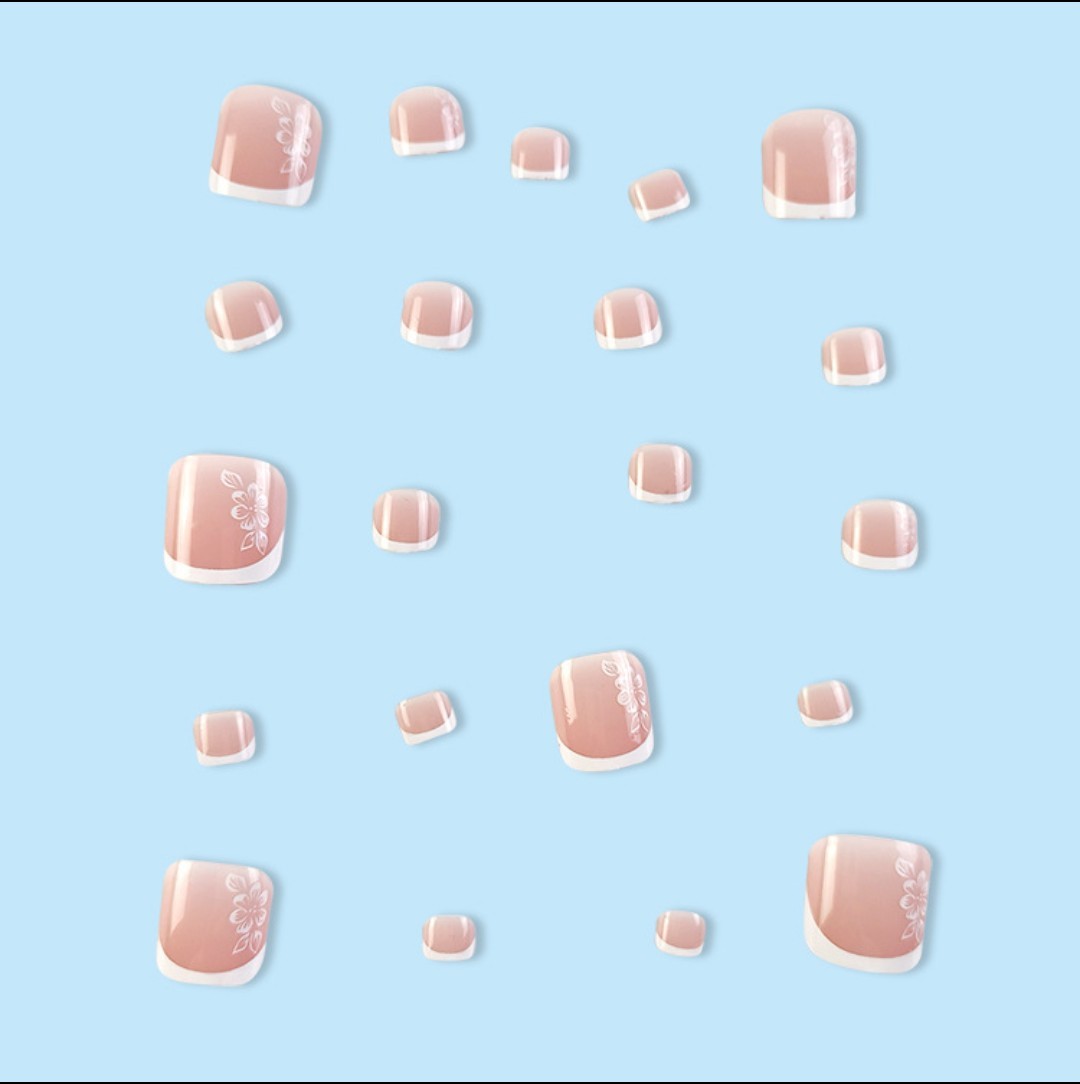 Press On Toenails 24Pcs White Flower French Tip Fake Toe Nail Set Glue