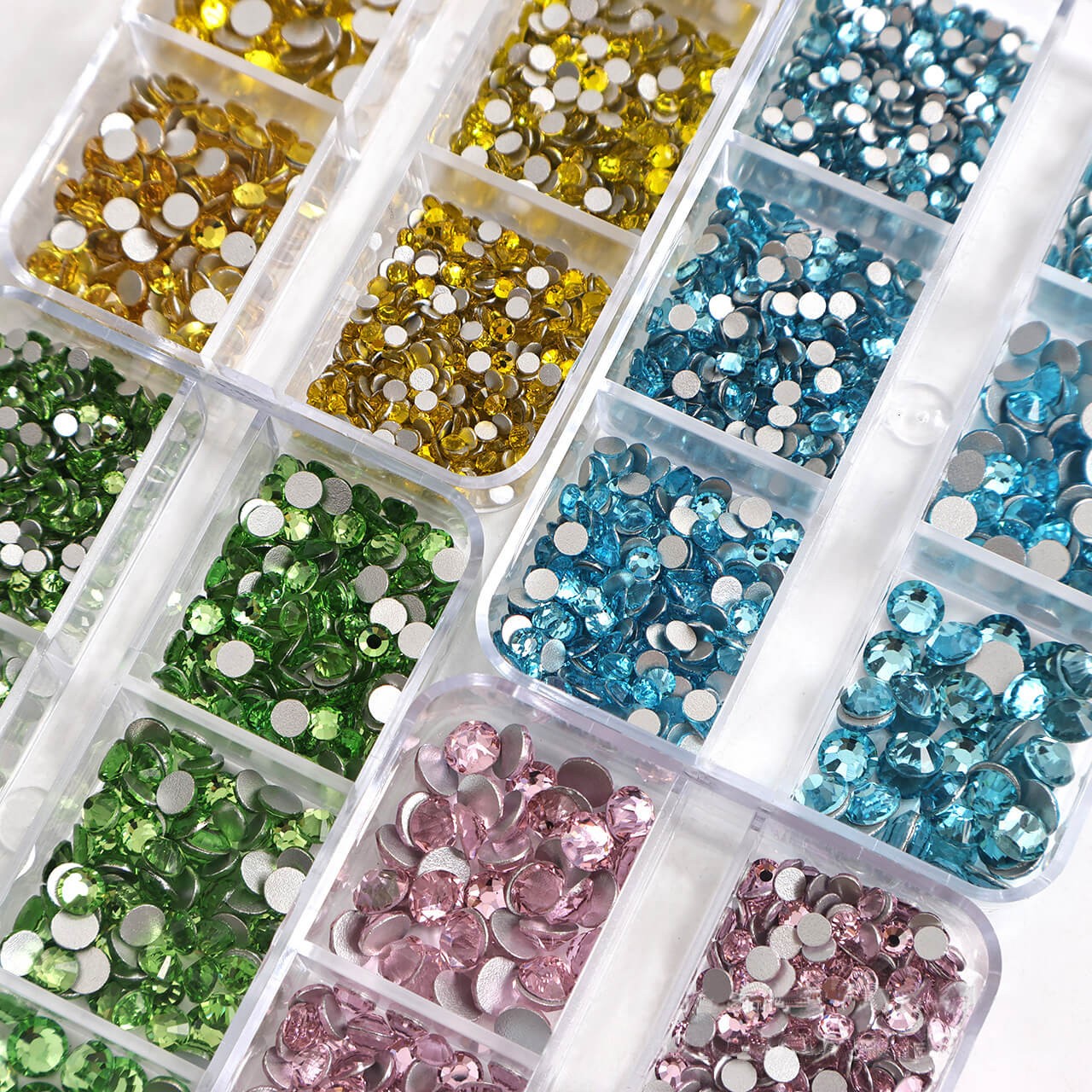 1 Box of 2000pcs Flatback Glass Rhinestones in 6 Sizes for Nail Art & Crafting