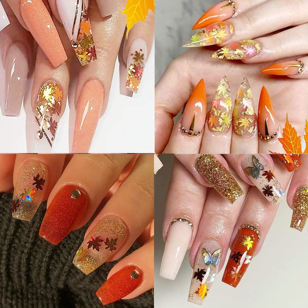 Maple Leaf Shape Glitter Fall Nail Art Sequins,3D Metallic Red God Orange Yel…