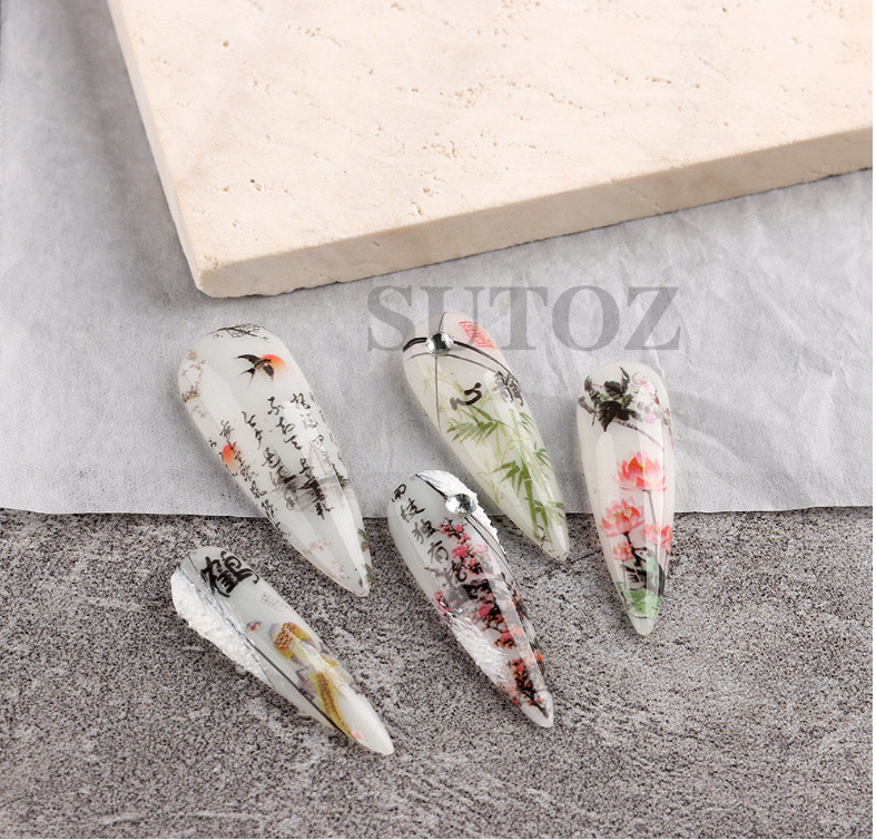 10Pcs Ink Asian Pictures Flower Nail Art Transfer Foil Sticker Manicure RTY NS54