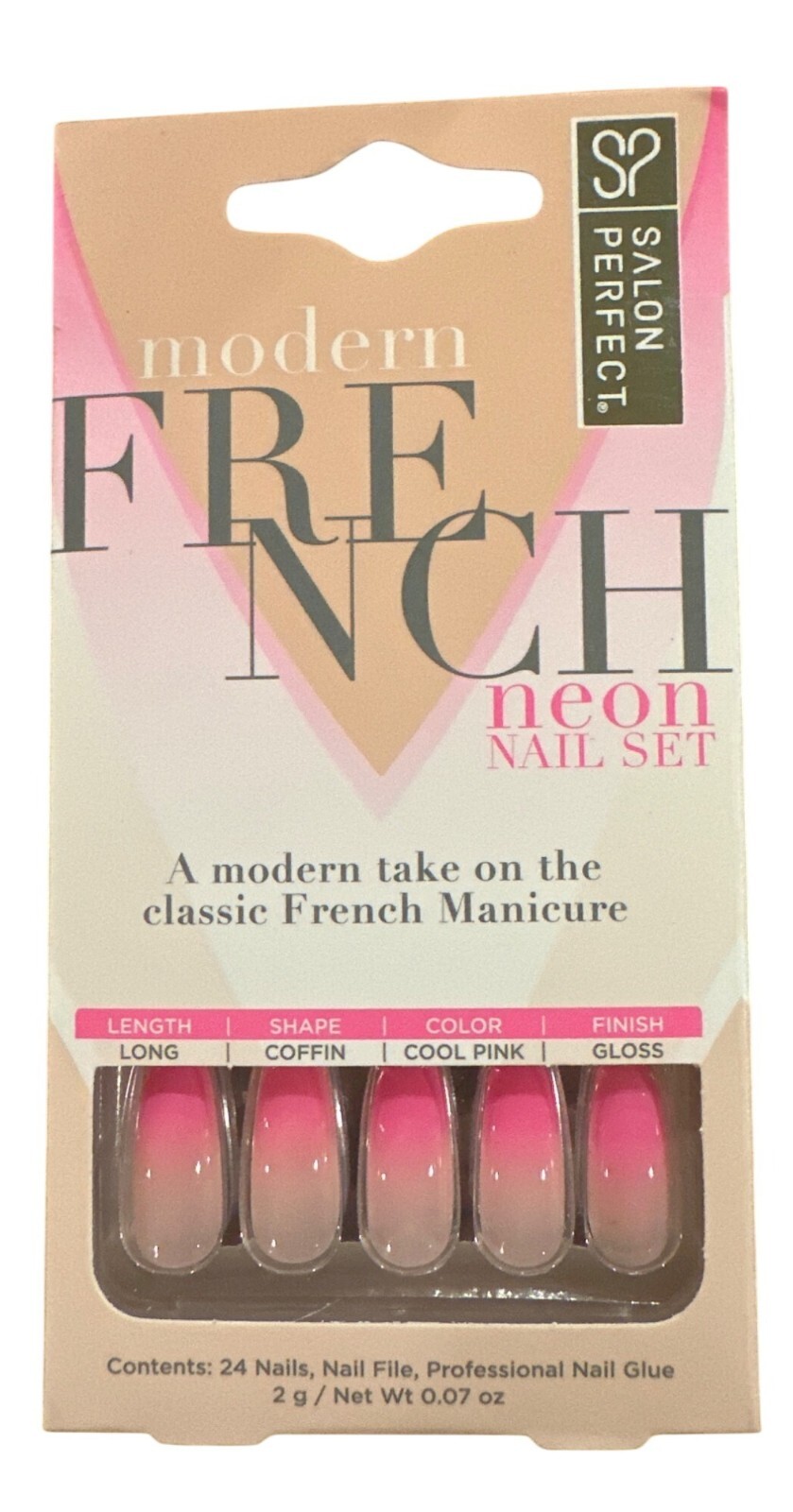 Salon Perfect 24 Nails Modern French Long Coffin Glossy Peach+Pink Ombre Effect