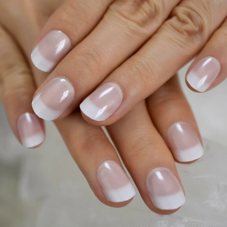 Ombre French White Tip Gradient Short Press On Nails Wit Glue Pink nude natural
