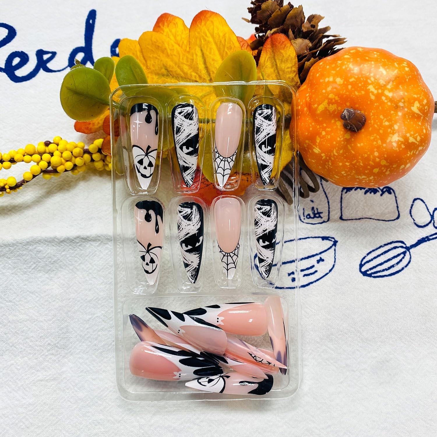 Halloween Press on Nails Pumpkin French Tip False Nails Medium Almond Full Co…