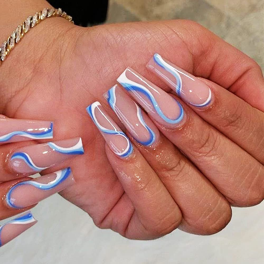 Extra Long Coffin Press on Nails – Coffin Blue Fake Nails Full Cover Ballerin…