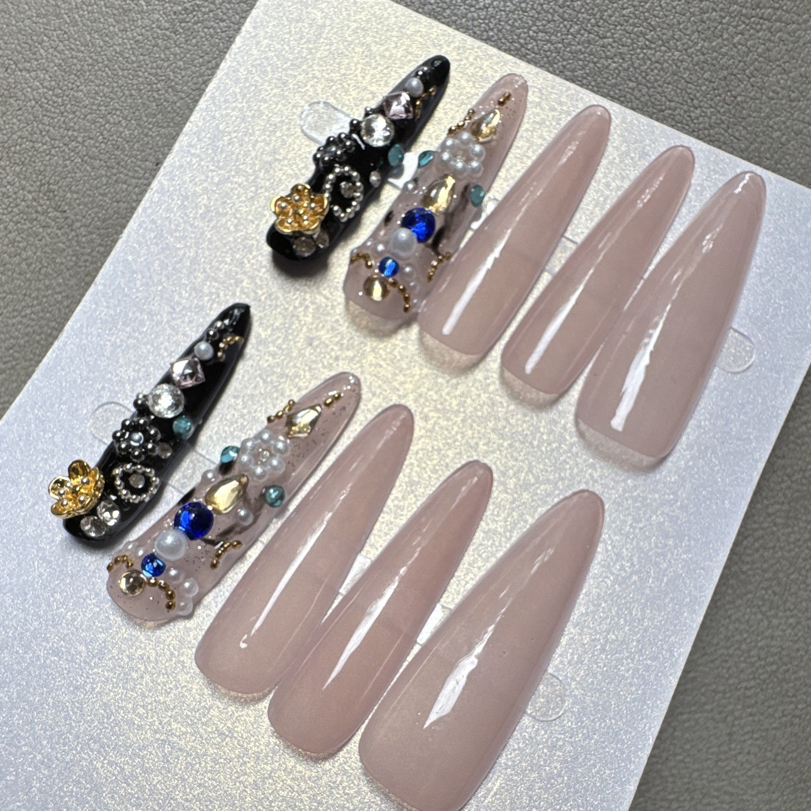 Press-On Nails Long Coffin Pink/Black/Gold Gems Theme 3D Shiny Full Cover