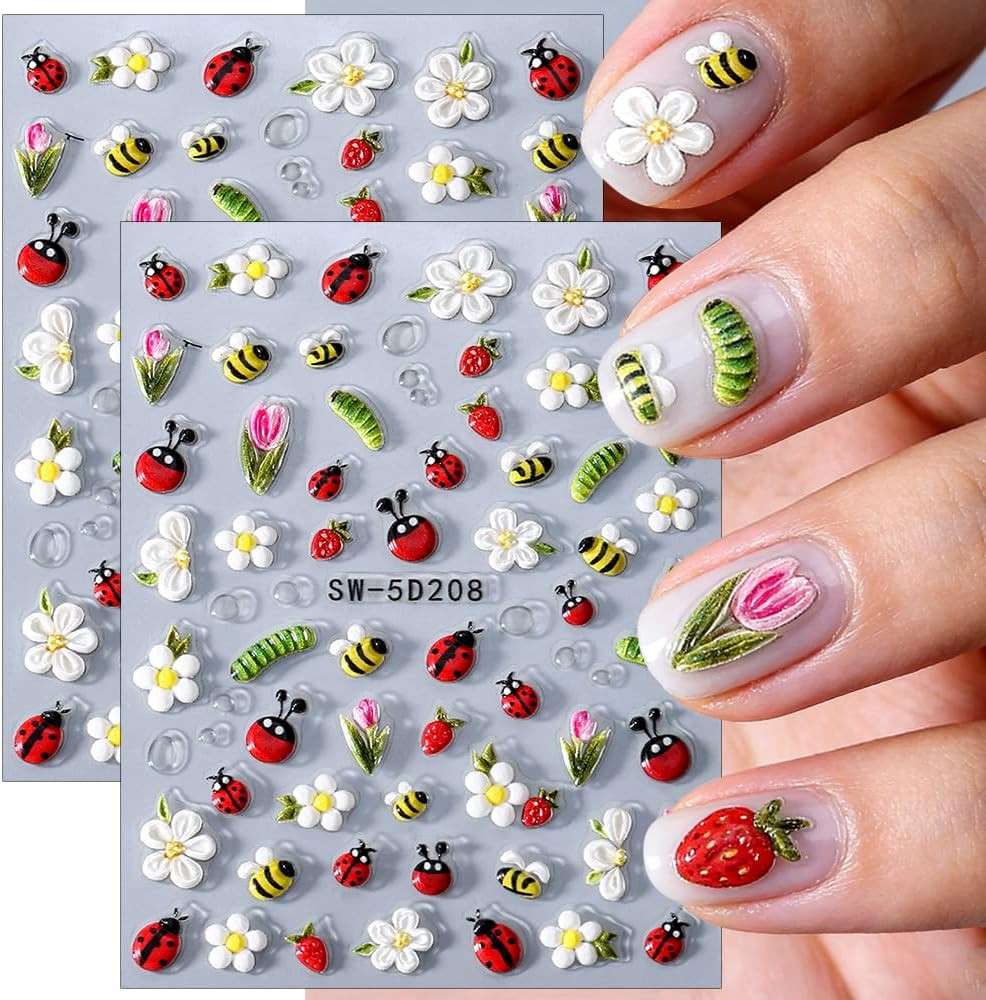 Cartoon Cute Insect 5D Nail Art Stickers Hawaiian Flower Daisy Tulip Strawberry