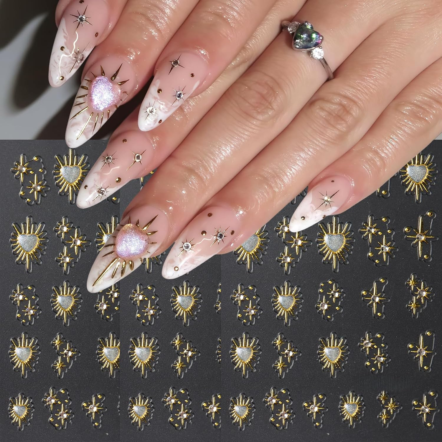 3 Sheets Star Nail Stickers for Nail Art 5D Embossed Gold Nail Decals with Heart