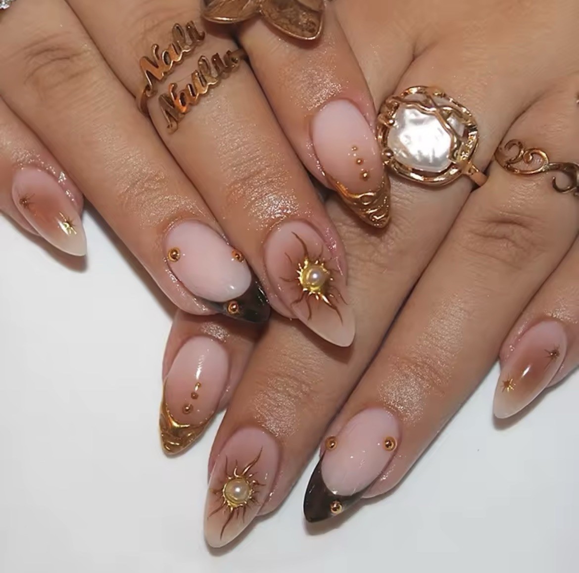 Medium Almond Nude Gold Black Press-On Nails 3D Glitter Sun Star Design Acrylic