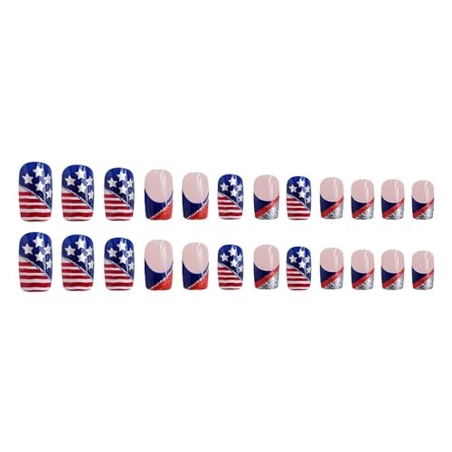 4th of July Press on Nails Medium Square French Tip Fake Nails Full ID Nails12