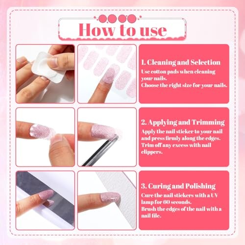 Semi Cured Gel Nail Strips 32 pcs UV Gel Nails Sticker Glitter Pink Cat Eyes