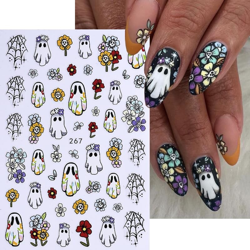 10Sheets Halloween Cute Cartoon Nails Art Stickers Ghost Mushroom Skull Pumpk…