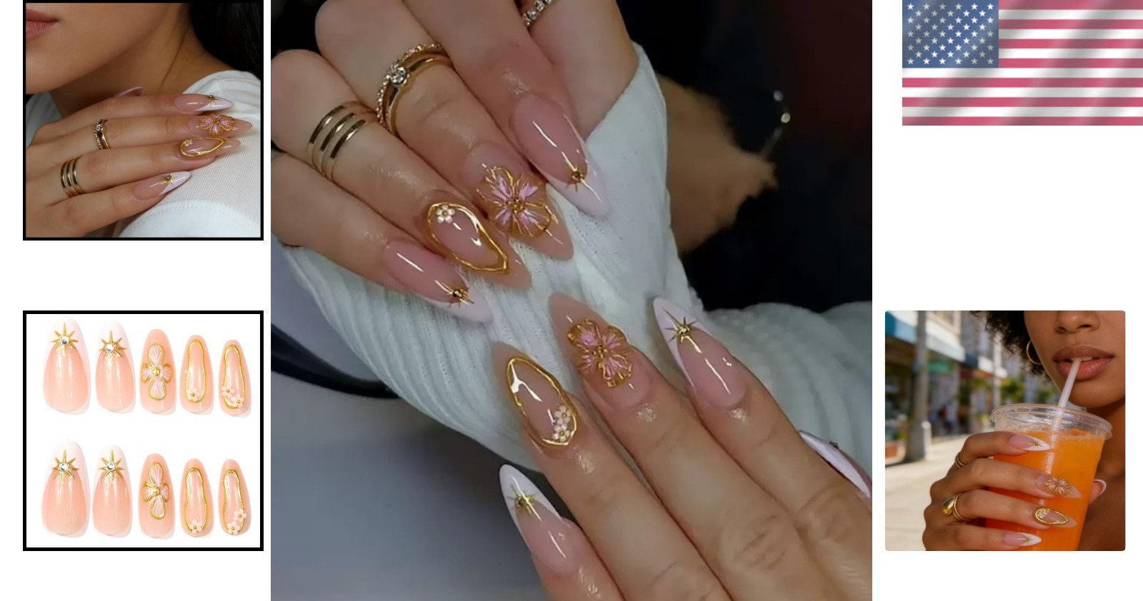 Stylish 3D Spring Floral Acrylic Press On Nails – 24PC Medium Almond Beauty Set