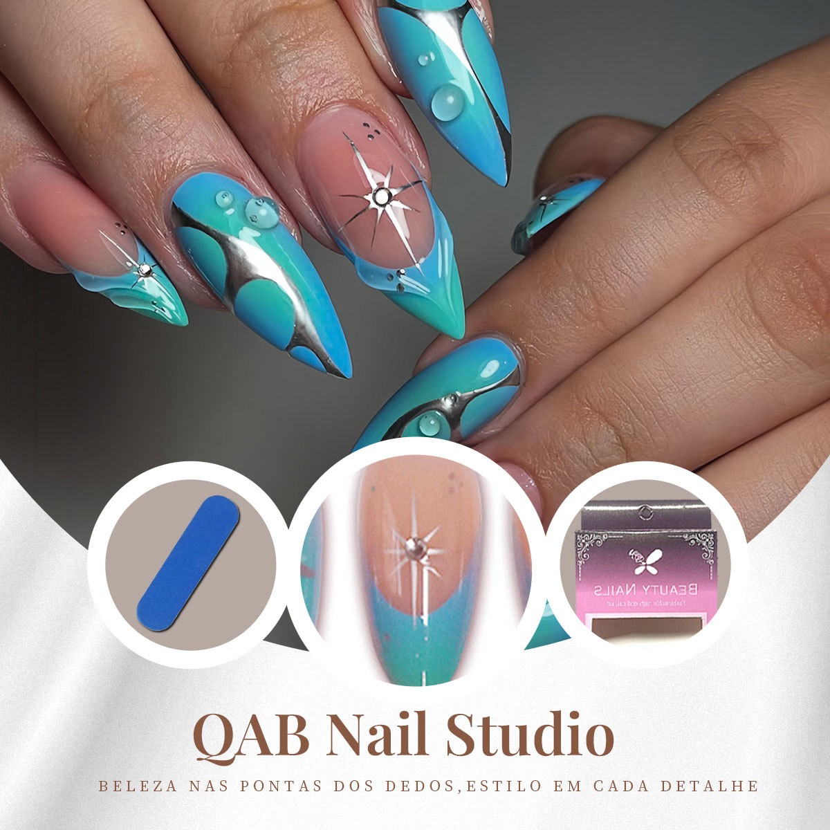Blue Green Mirror Bubble Y2K Press On Nails Wholesale