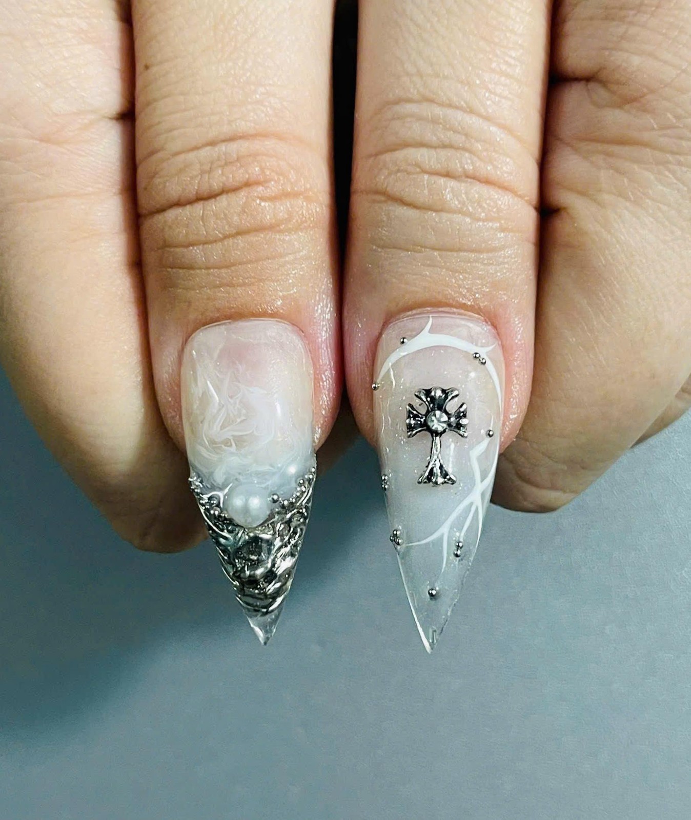 Handmade Custom Y2K Silver Metal Cross Butterfly Pearl Stiletto Press on Nails