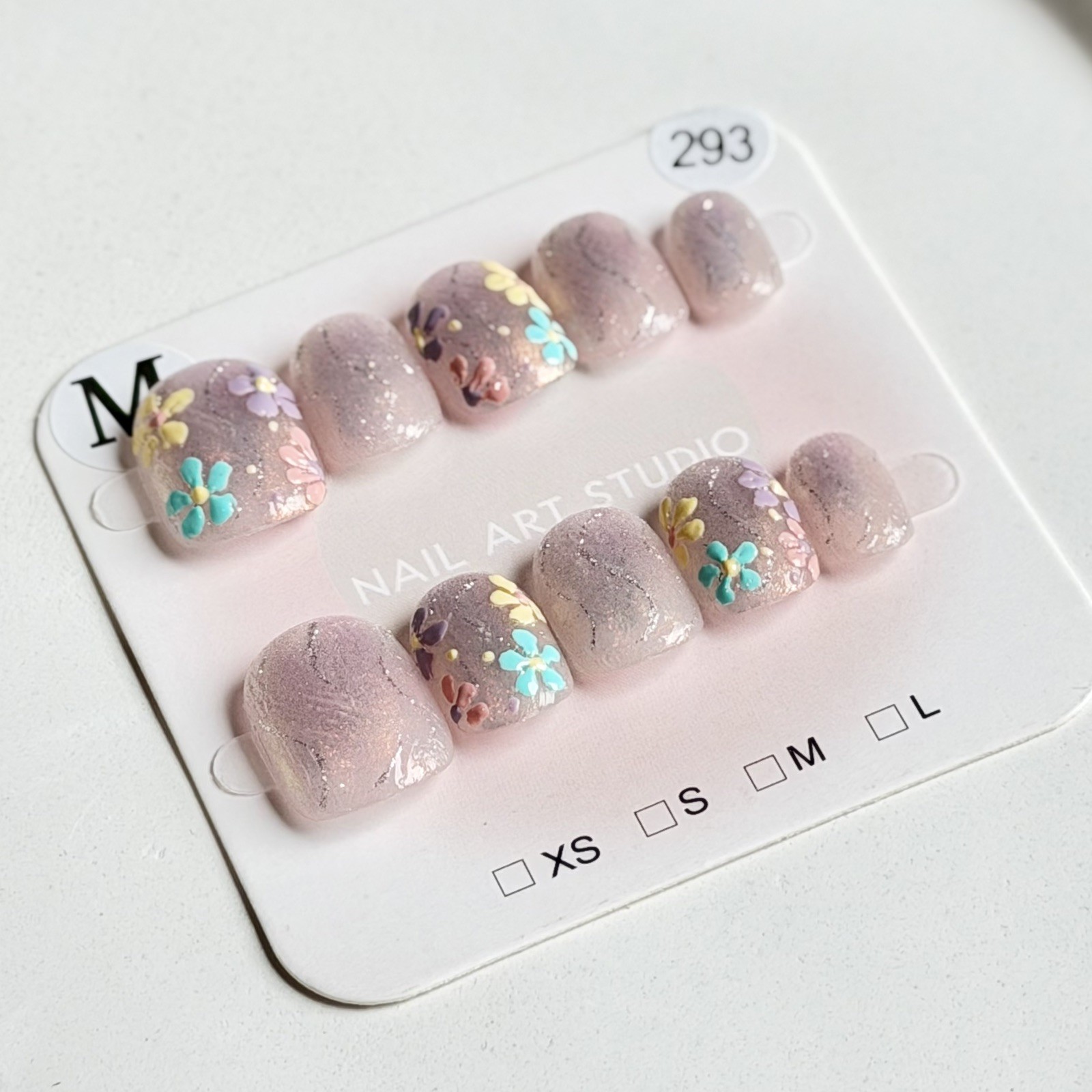 Handmade Aurora Flower Press-On Nails Size M Short Squoval Reusable Fake Nails