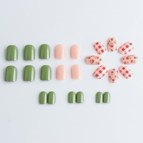 Spring Summer Short Square Press on Nails Red Flowers & Checker Design Style-31