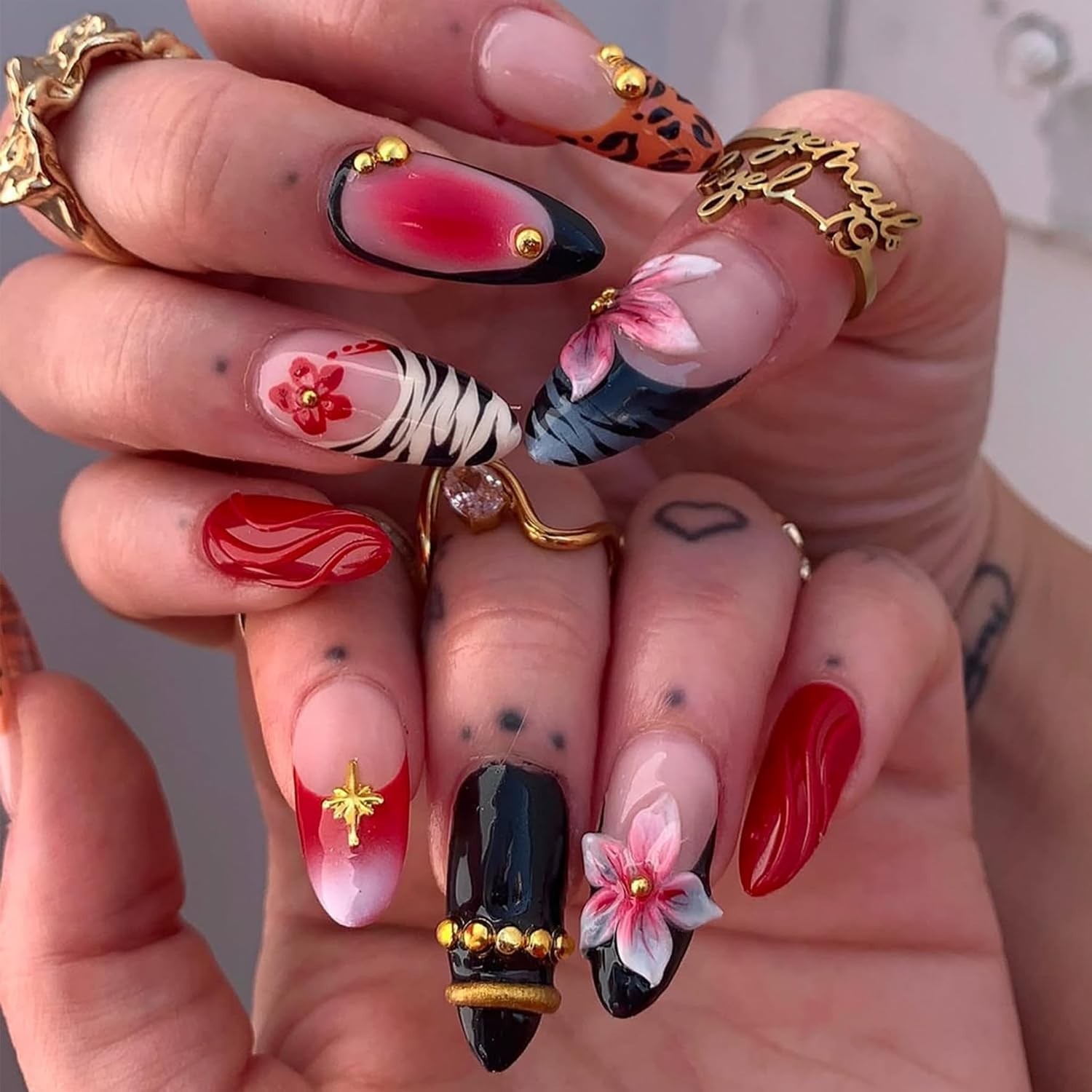 Almond Press on Nails Long Fake Nails Red Artificial Nail Black French Pink F…