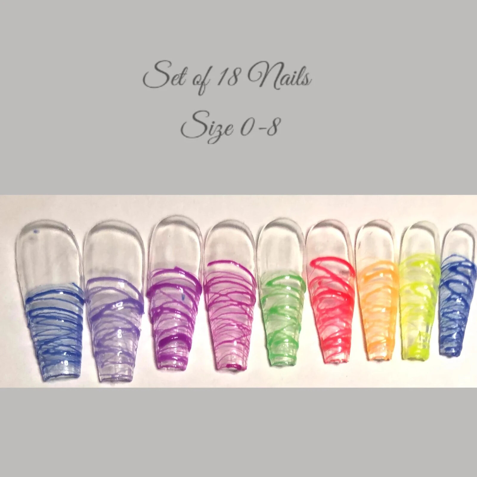 Long rainbow glow in the dark tips- Press on nail set- Size 0-8, Ex-long Balleri
