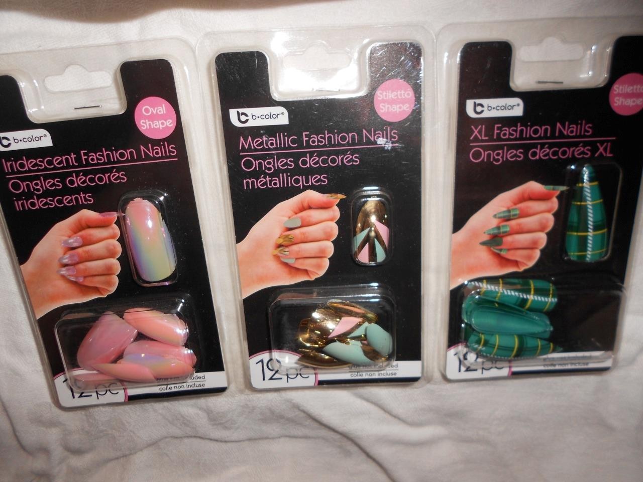 Lot 3 12pk B-Color XL Green Plaid, Iridescent & Gold Pink &Teal Fashion Nail NEW