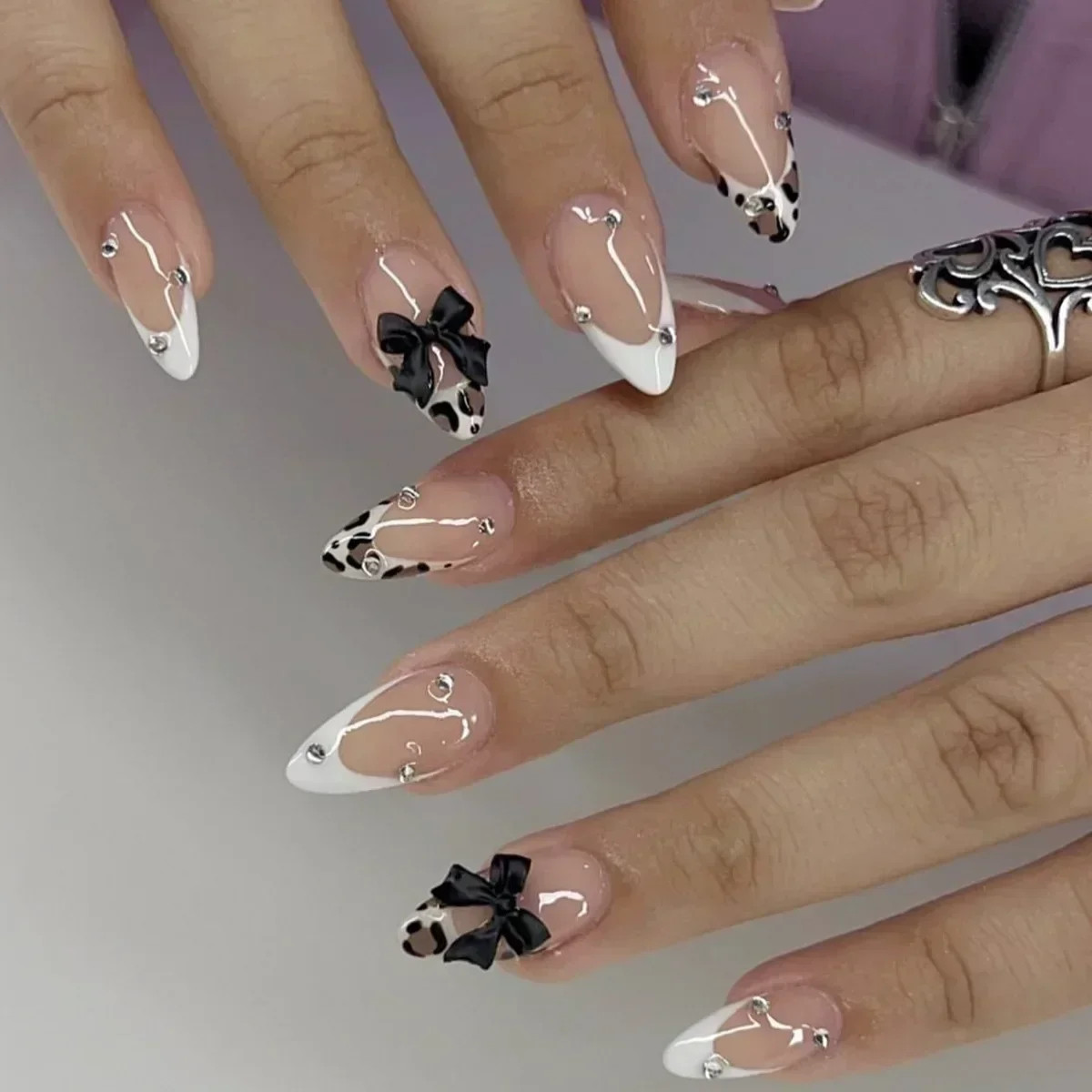 24pcs French Almond Press on Nails Leopard Print 3D Bow False Nails Fake Nails