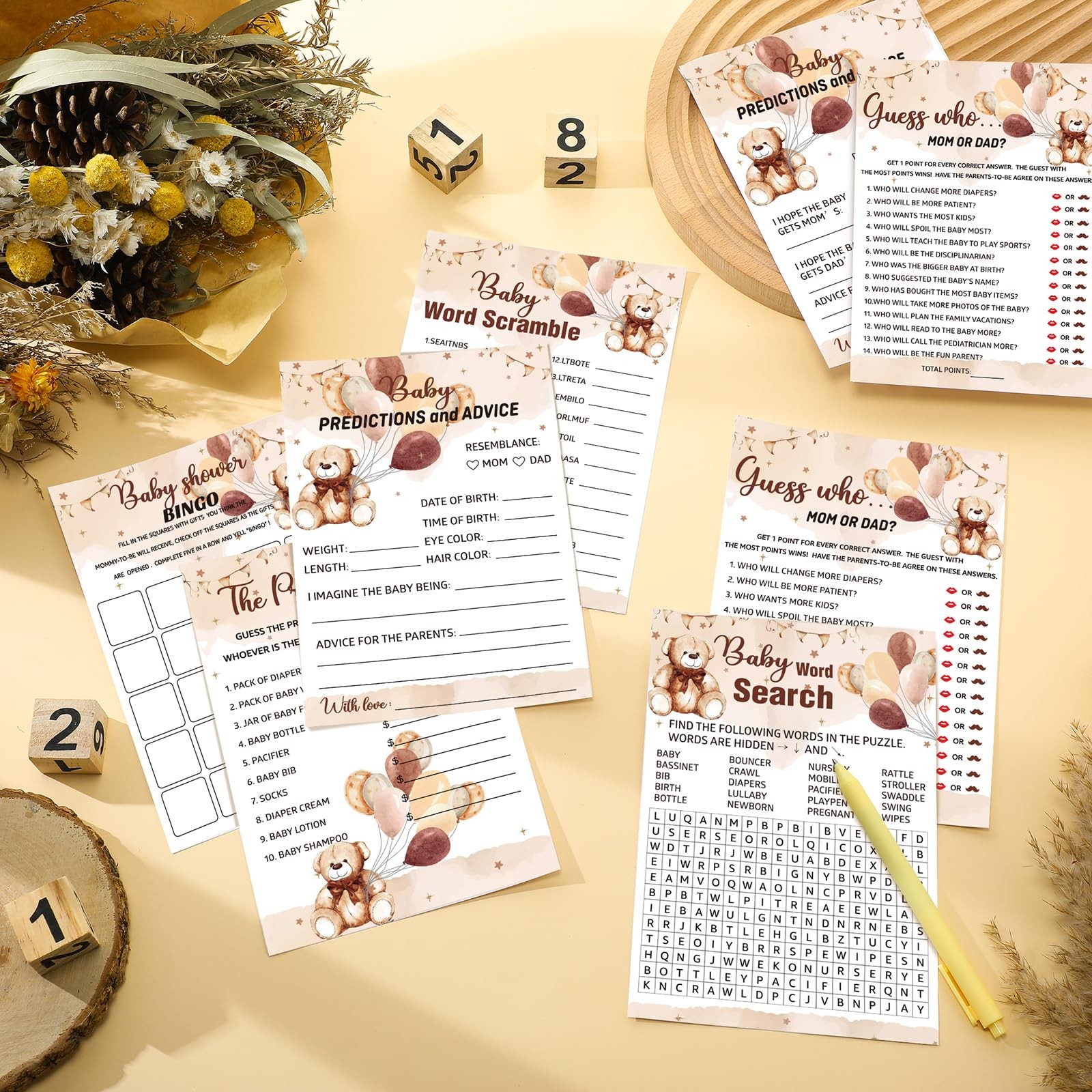 Jetec 302 Pcs Bear Baby Shower Games Set 6 Include 7.87 x 5.51 inches