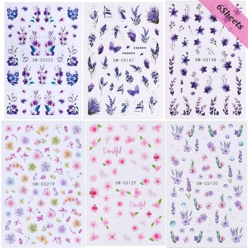 Flower Nail Stickers for Nail Art Spring Nail Decals 6PCS 3D Blue Purple Pink