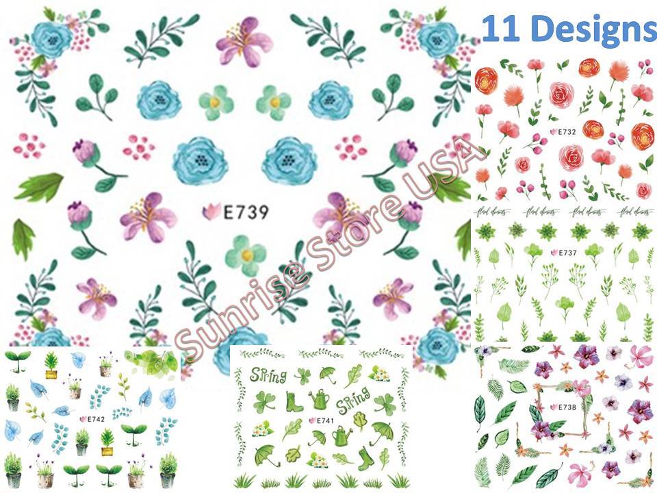 11 Designs 3D Nail Art Sticker Spring Flower Leaves Decals Manicure Peel & Stick