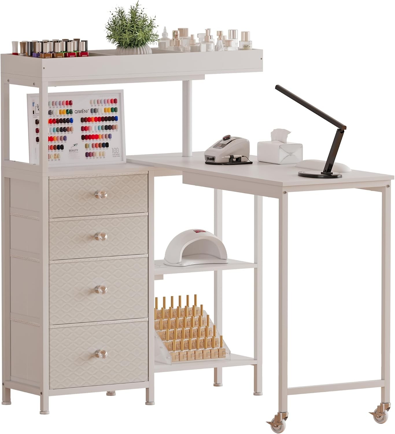 L-Shaped Manicure Table with Drawers Shelves Charging Station