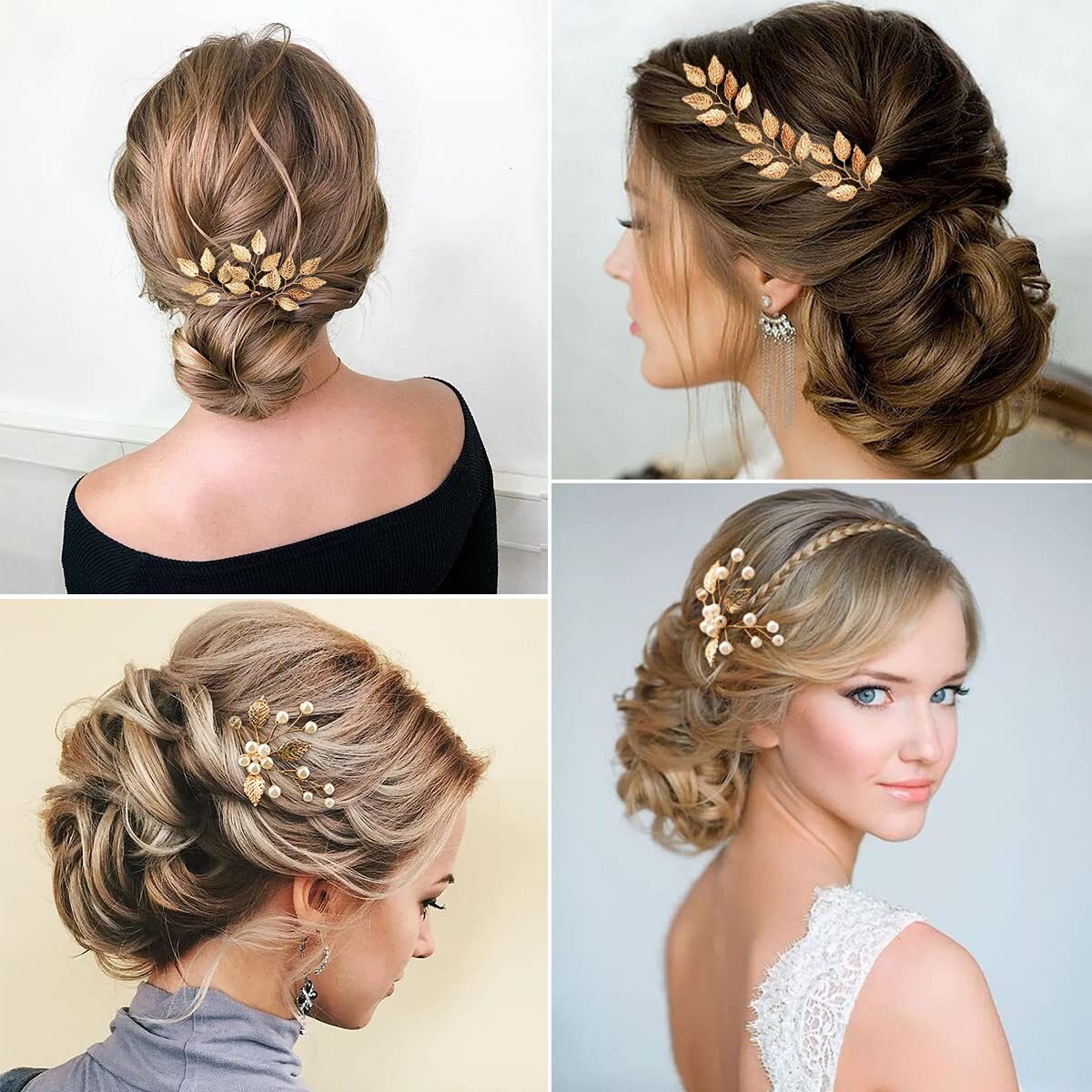 6 Pieces Bridal Wedding Hair Pins Gold Leaf Crystal Pearl