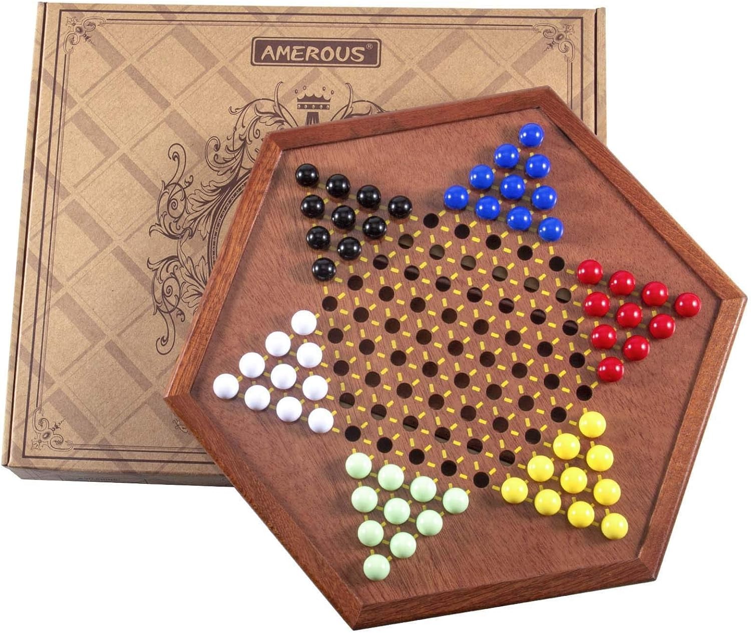 AMEROUS 12.5 inches Wooden Chinese Checkers Set with Storage Drawer – 60…