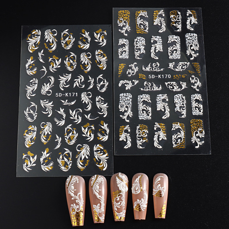 5D Nail Stickers Embossed White Rose Flower Decals Art Decora Wedding Party NH7