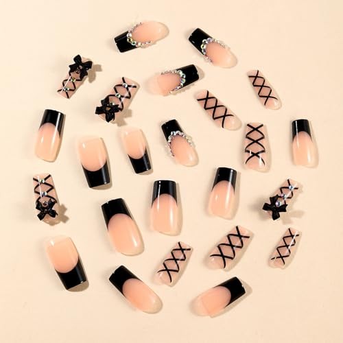 Black French Tip Press on Nails Medium Long Rhinestone Bow Diamond Colorful -12