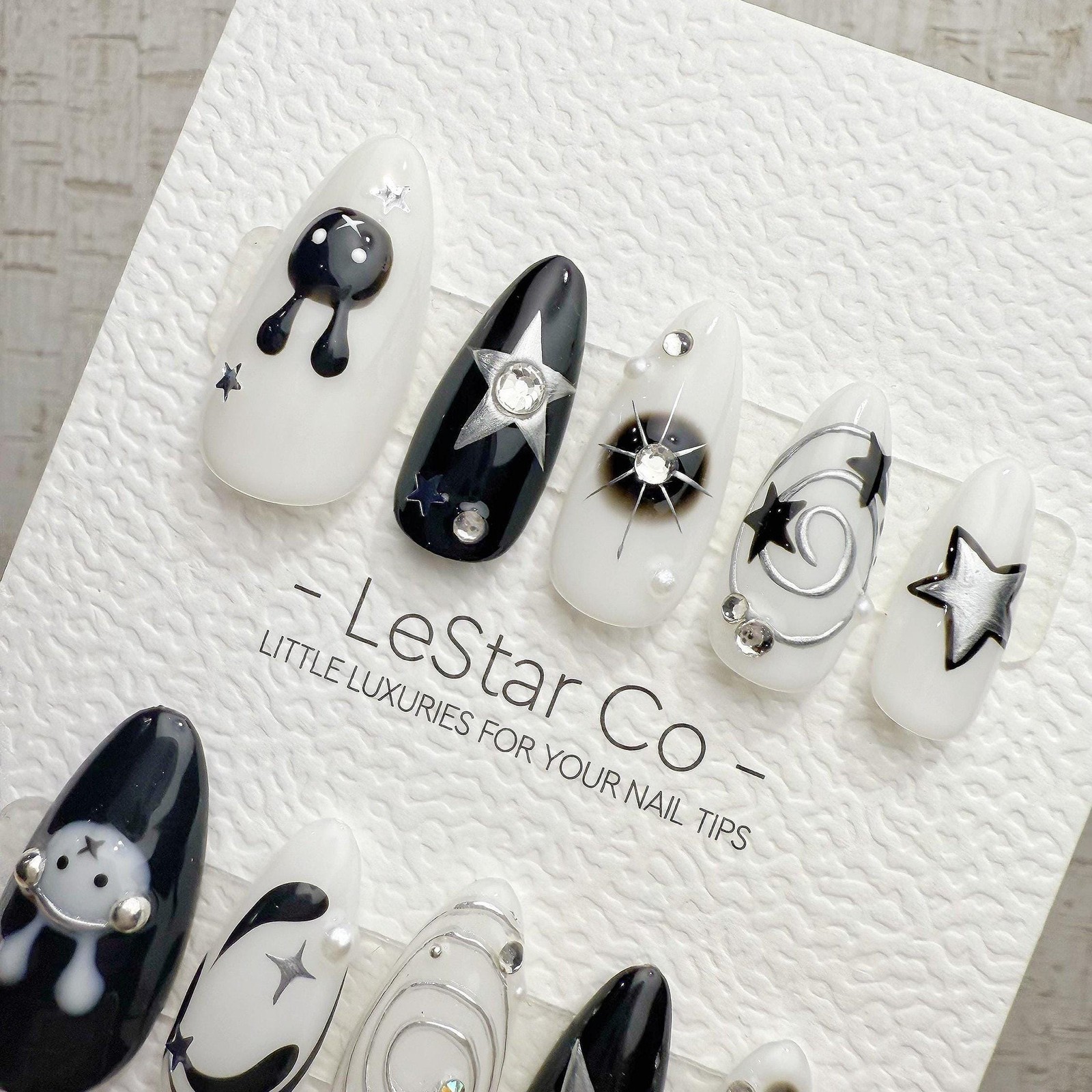 Custom Handmade Ghost Star Rhinestone Swirl Long Almond Press on Nails