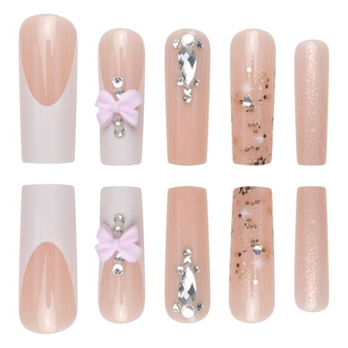 Press on Nails Extra Long – Square Press On Nails 05-French Tips with Bows