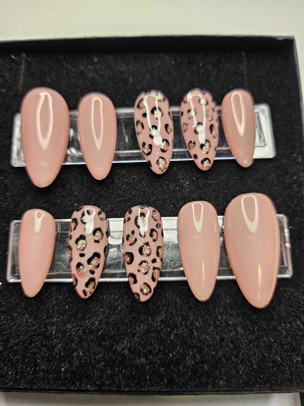 Hand Painted, Long Almond Press on nails – nude w/ black & gold leopard print