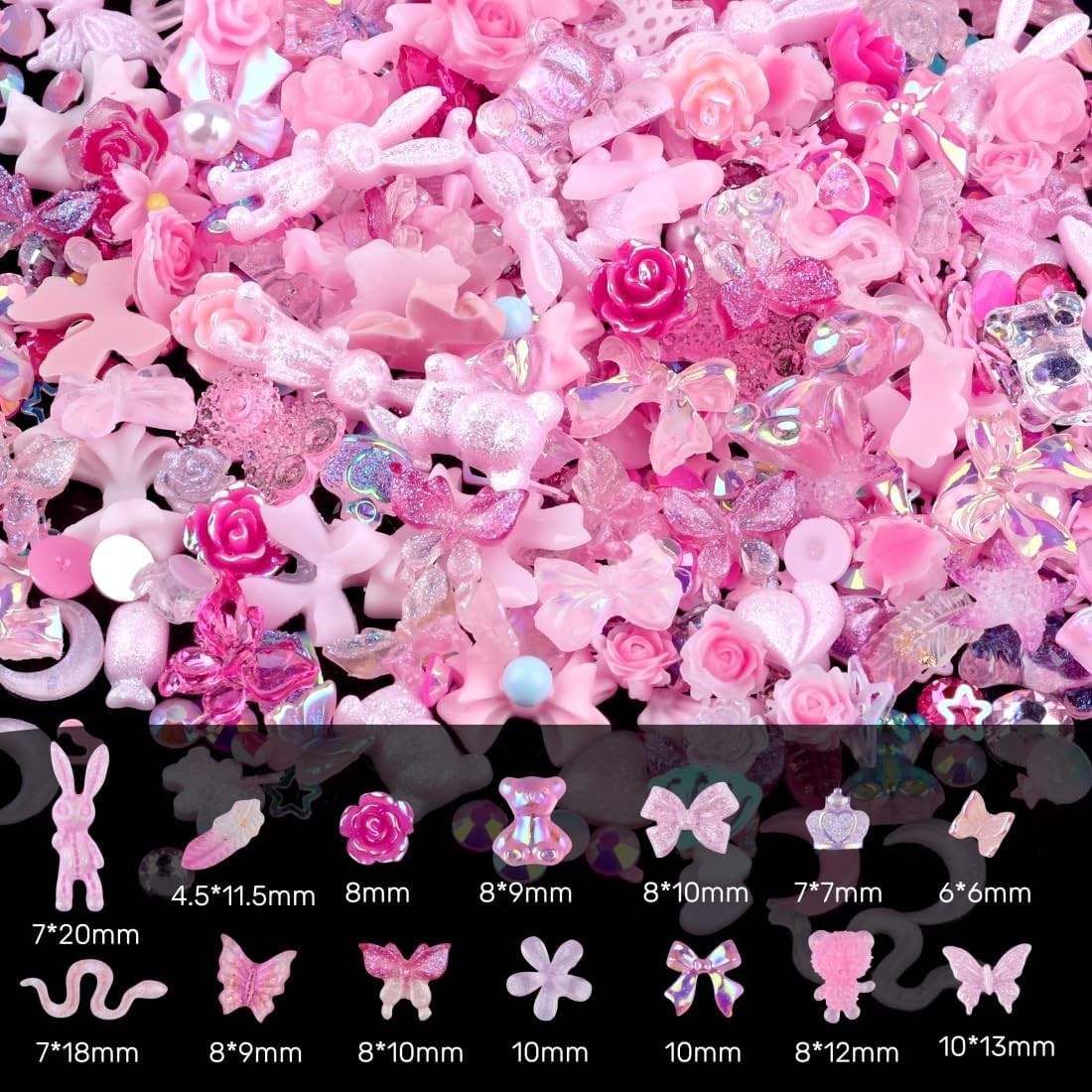 300pcs Nail Art Charms Kit,Over 100pcs Mixshape Resin Nail Gems and 100pcs-pink