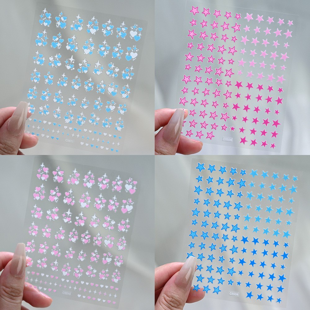 4Pcs Set Nails Stickers Blue Pink Star Heart Decals 3D Self-Adhesive Peel NH30