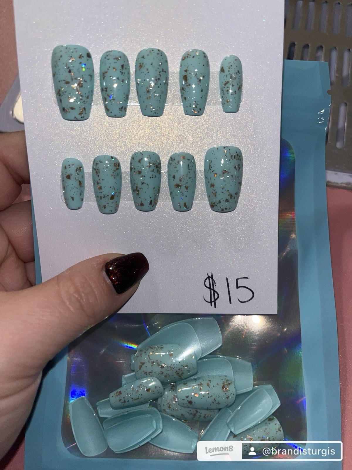 Light Blue Gold Glitter Square Full Cover Press-On Nails Set for Nail Art