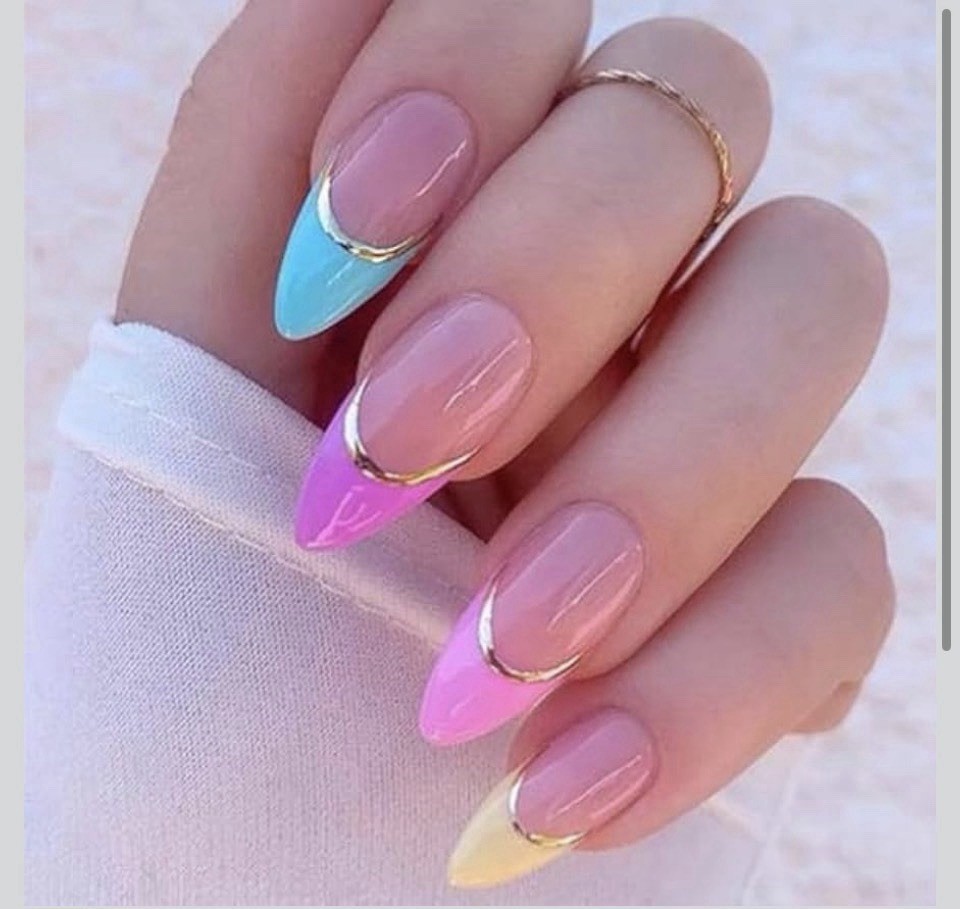 24 Press-On Nail Kit | French Tips In Pink, Yellow, Blue, Orange & Gold | New