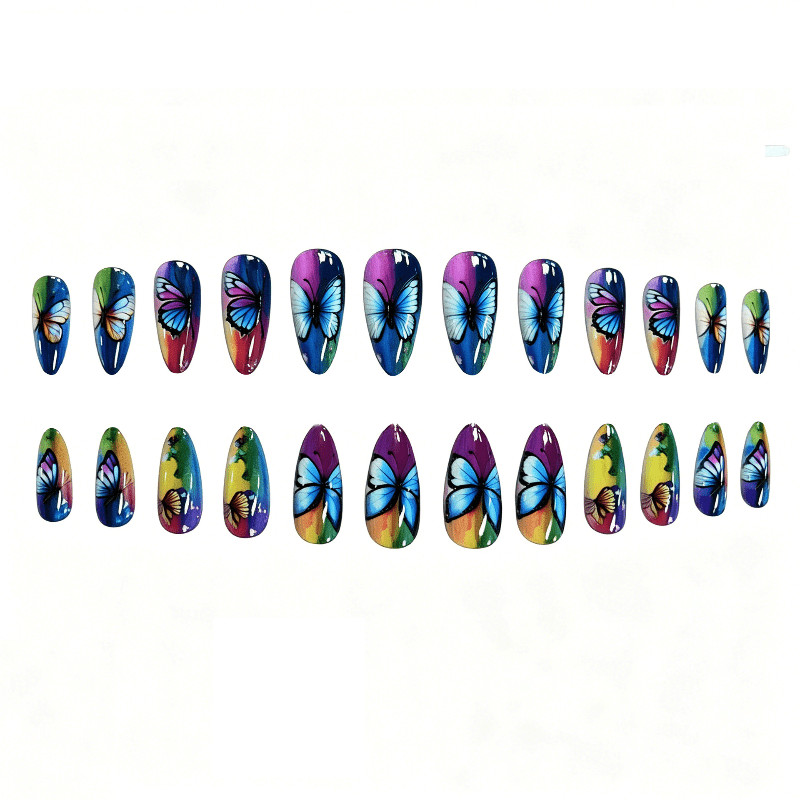 48Pcs-Y2K Vibrant Multicolor Stripe Bright Butterfly Art Oval Press on Nails